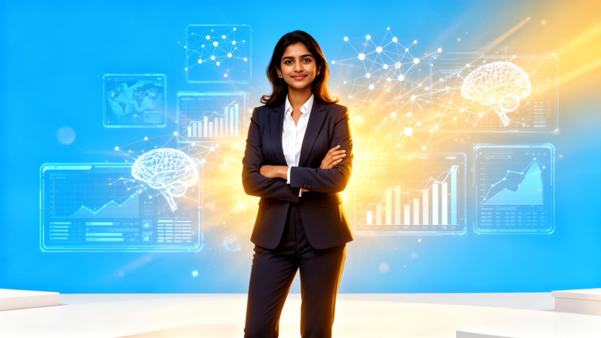 A confident Indian professional standing in front of an AI dashboard